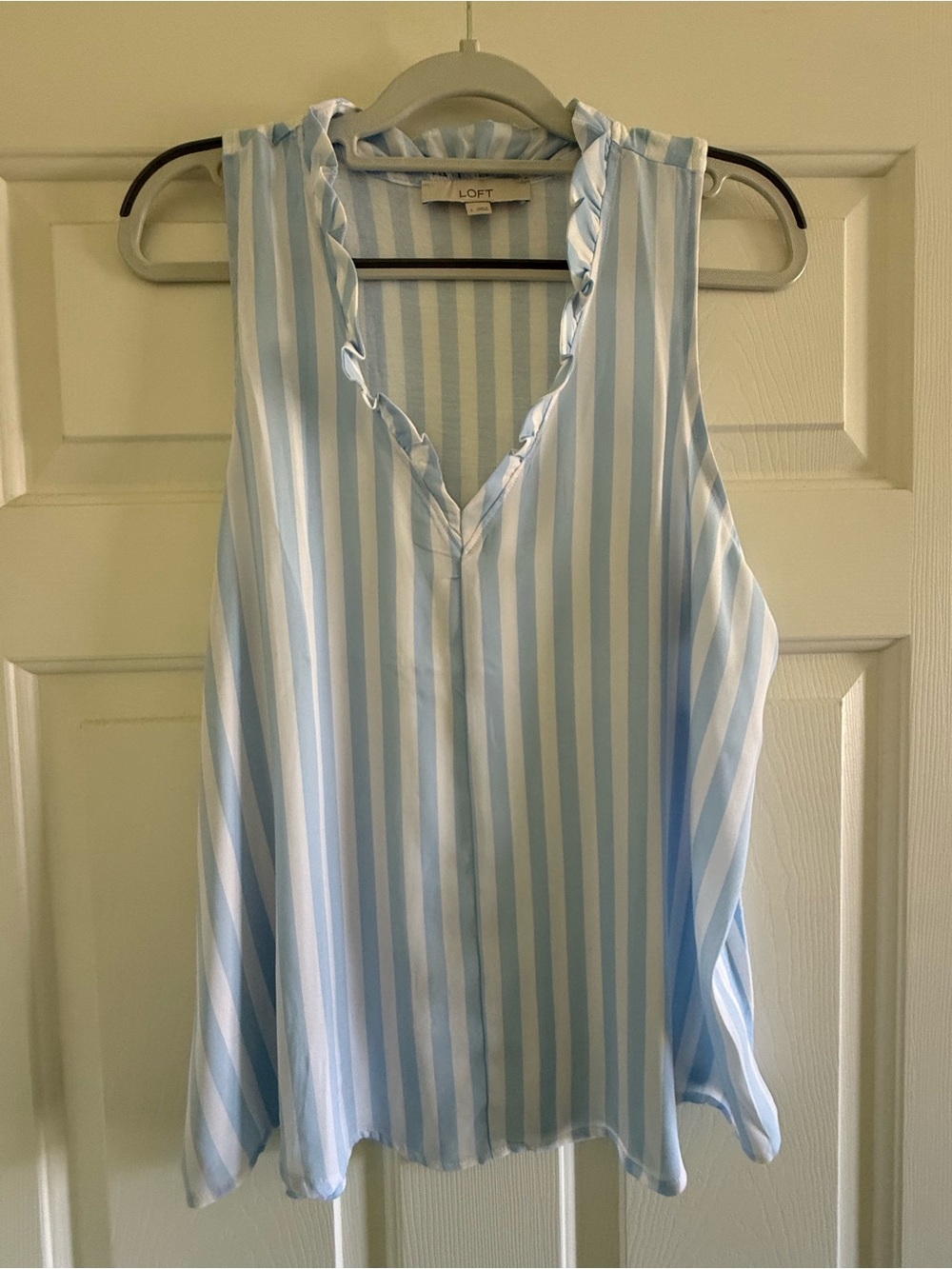 LOFT Light Blue & White Striped Ruffle V-Neck Sleeveless Camisole